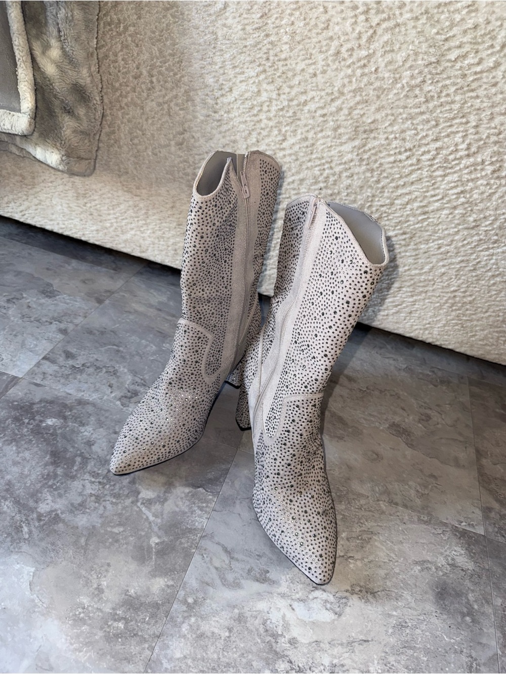 Women's Light Gray Studded Pointed-Toe Mid-Calf Boots